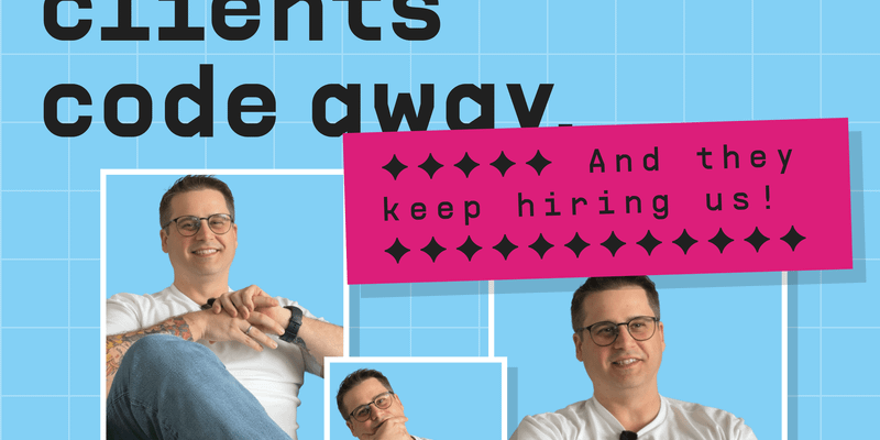 „Grafik mit drei Fotos eines lächelnden Mannes in weißen T-Shirts und blauer Jeans, begleitet von der Textbotschaft 'We give our clients' code away. And they keep hiring us!' auf blauem Hintergrund.“